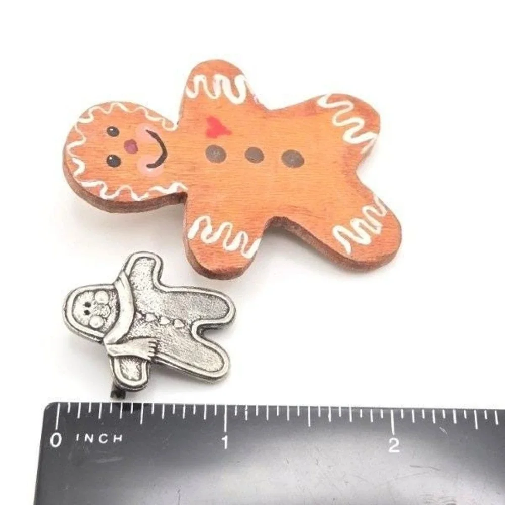 Vintage Gingerbread Brooch Pins 2002 Pewter Quick Cooking and Hand Painted‎ Wood